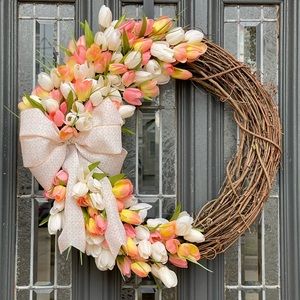 Spring Tulip Wreath, Pink and White Tulips, Front Door Wreath